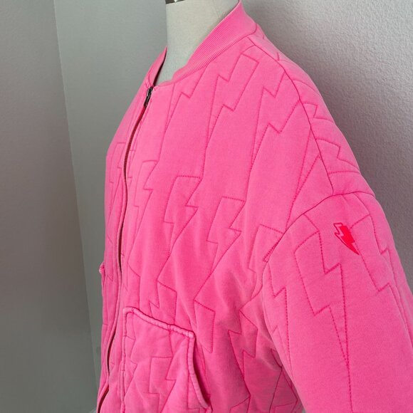 Scamp&Dude S/M Neon Pink Lightning Bolt Oversized Quilted Bomber Jacket Organic - Picture 8 of 16